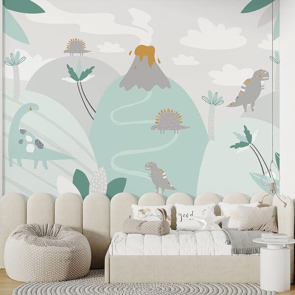 A cartoon dinosaur with a volcano and plants