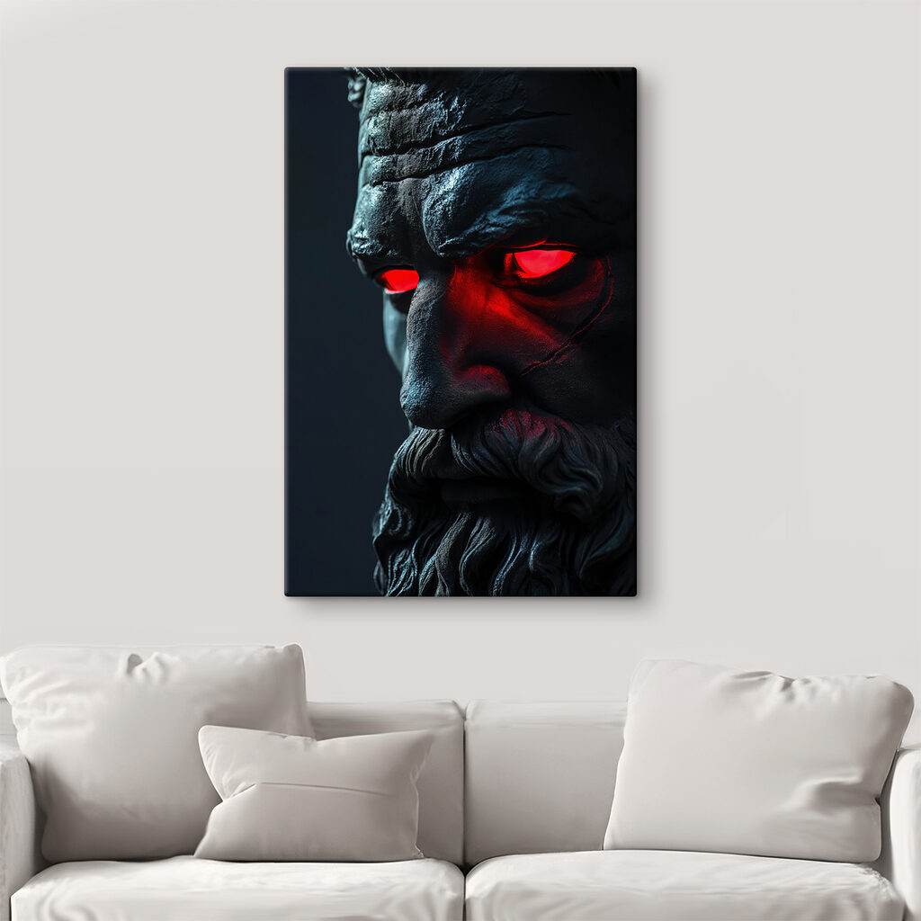 A statue of a man with red eyes