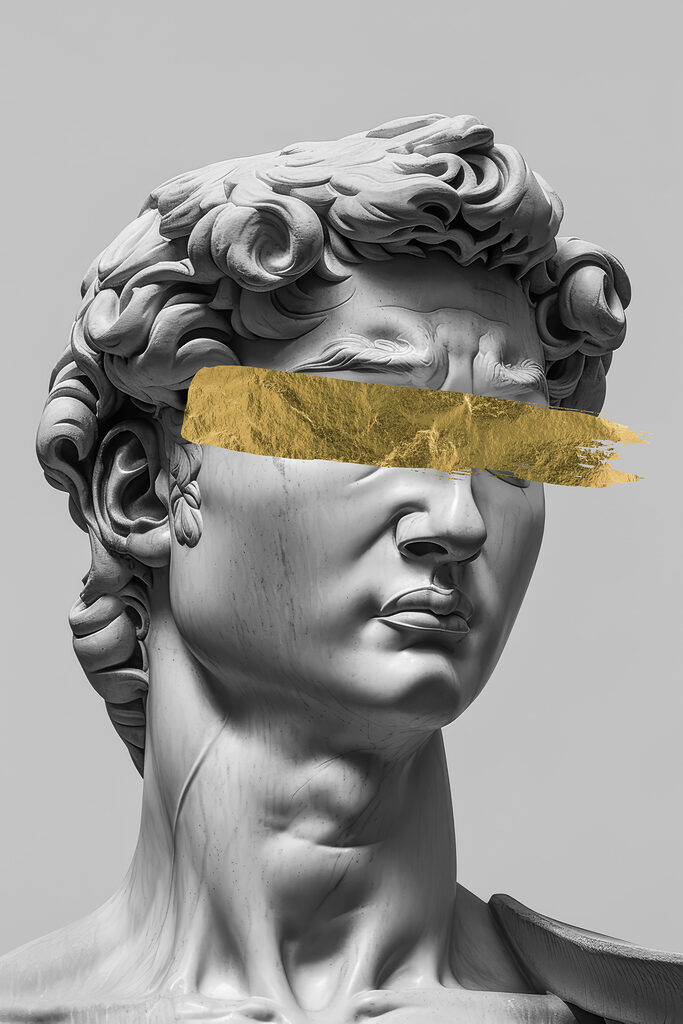 Statue with bold brushstroke accent