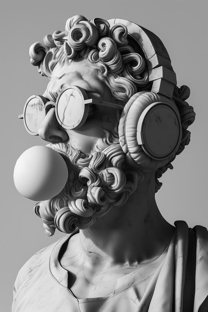 A statue of a man with headphones and a bubble gum A statue of a man with headphones and a bubble gum