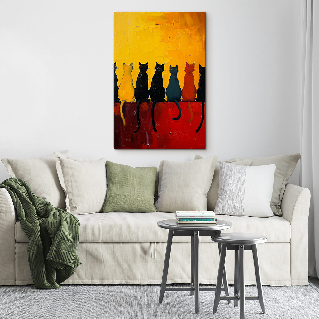 A group of cats sitting on a red surface