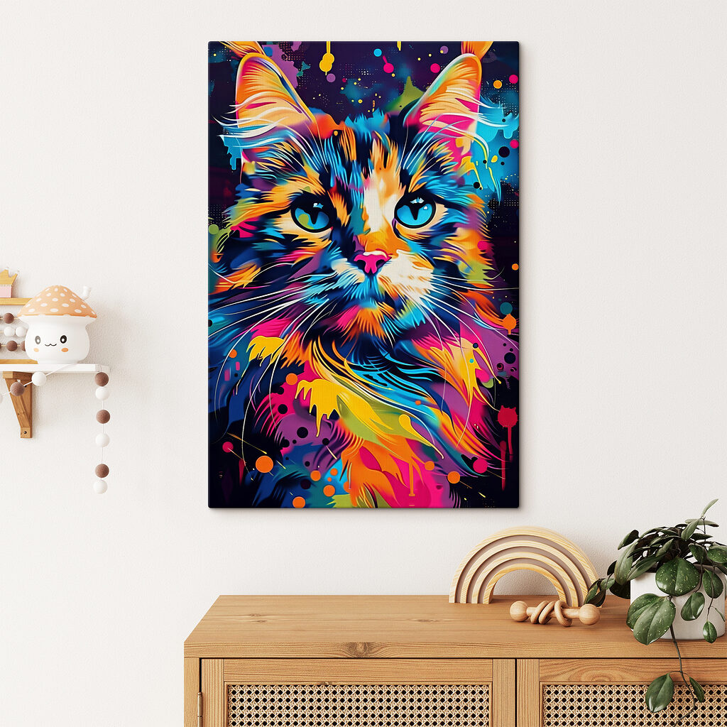 A colorful cat with blue eyes