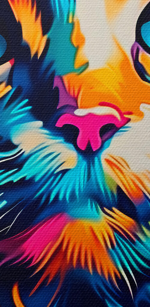 A colorful cat with blue eyes