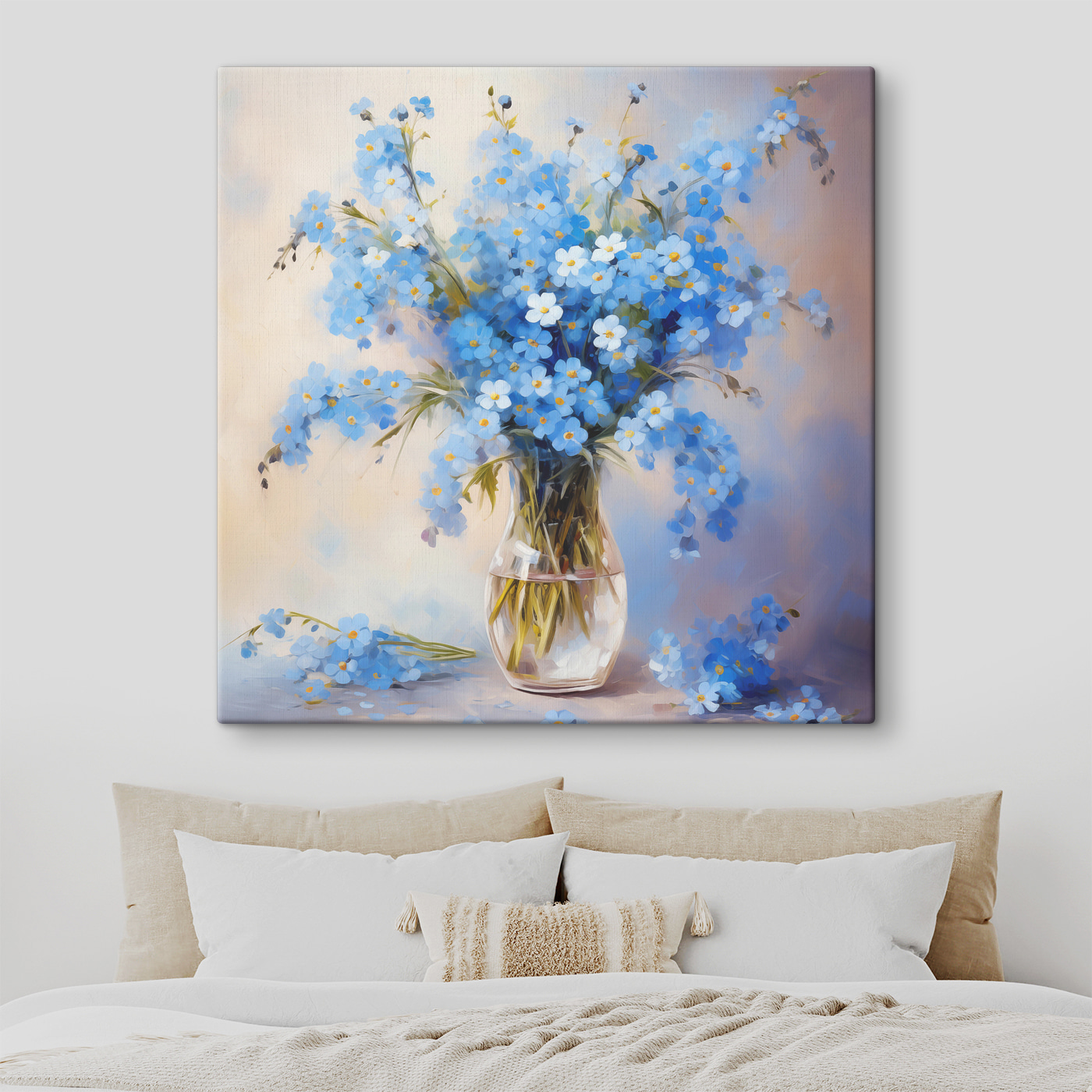 A painting of blue flowers in a vase