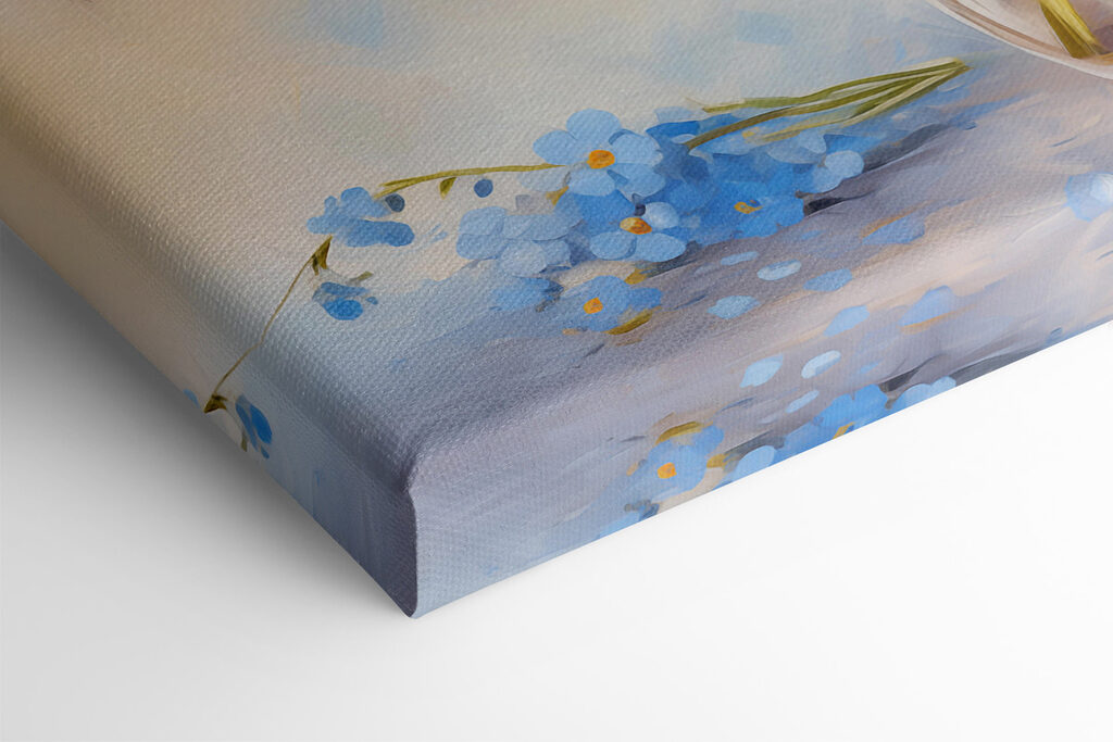 A painting of blue flowers in a vase