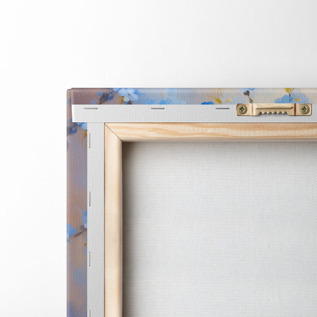 A painting of blue flowers in a vase