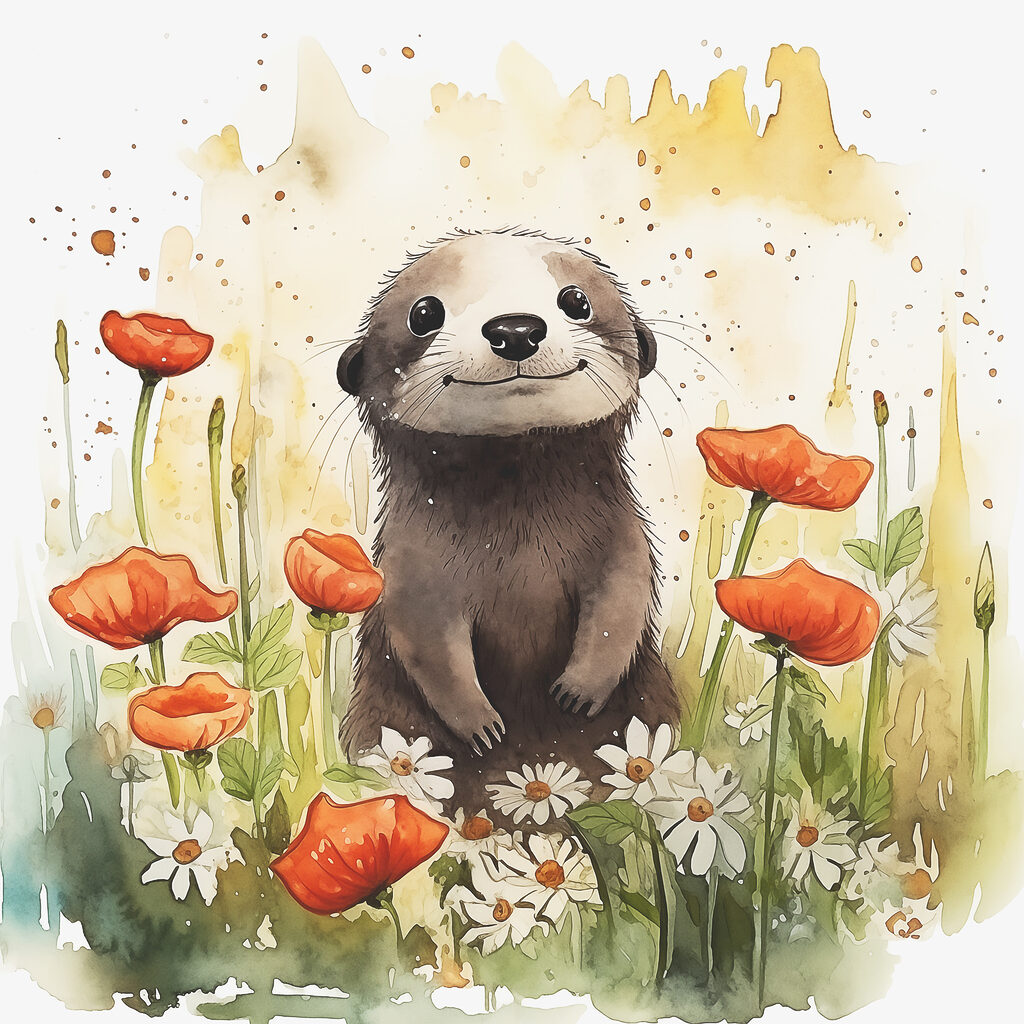 A watercolor of an animal standing in a flower field