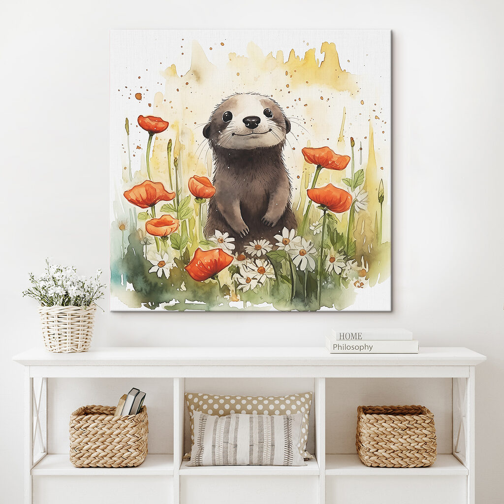 A watercolor of an animal standing in a flower field