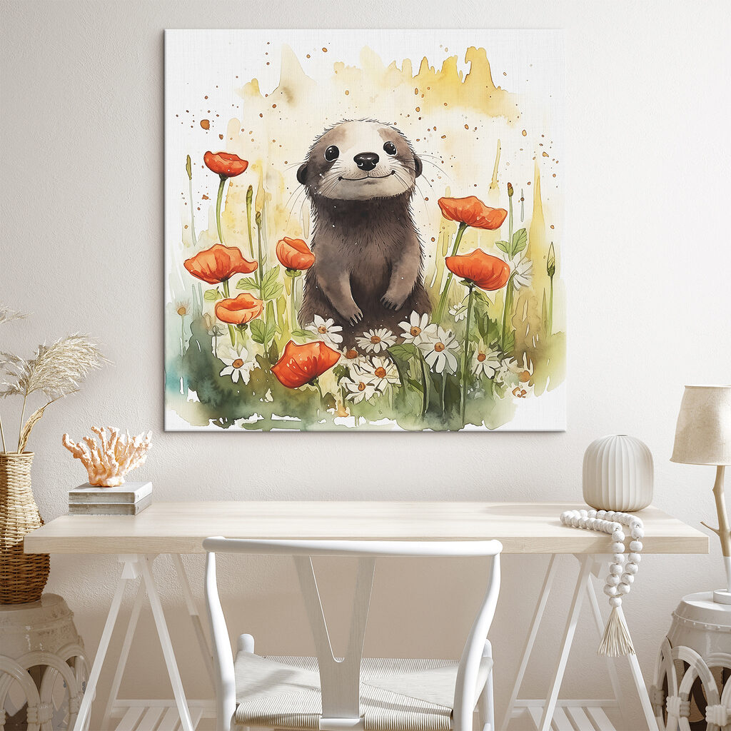 A watercolor of an animal standing in a flower field