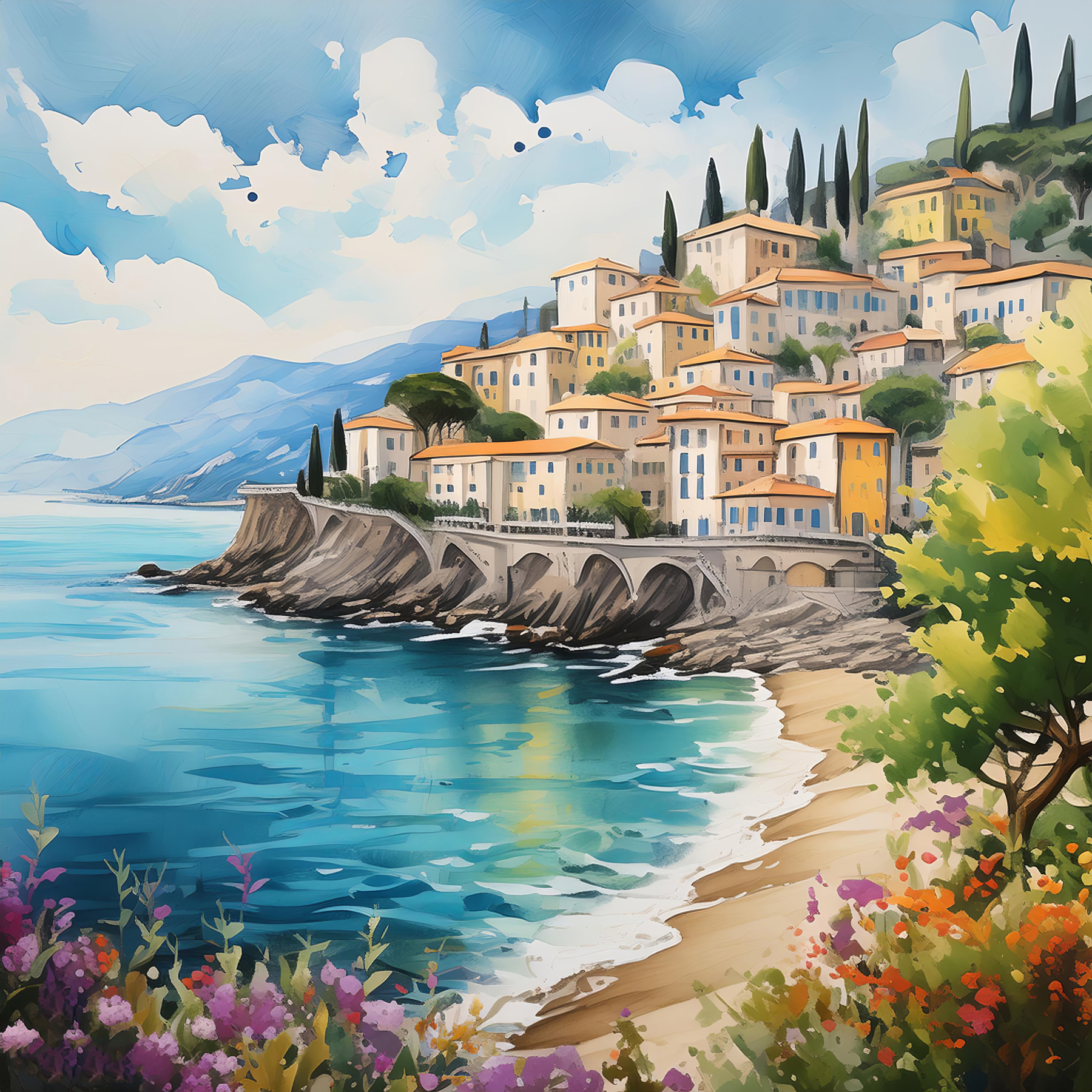 A painting of a town on a cliff by the water