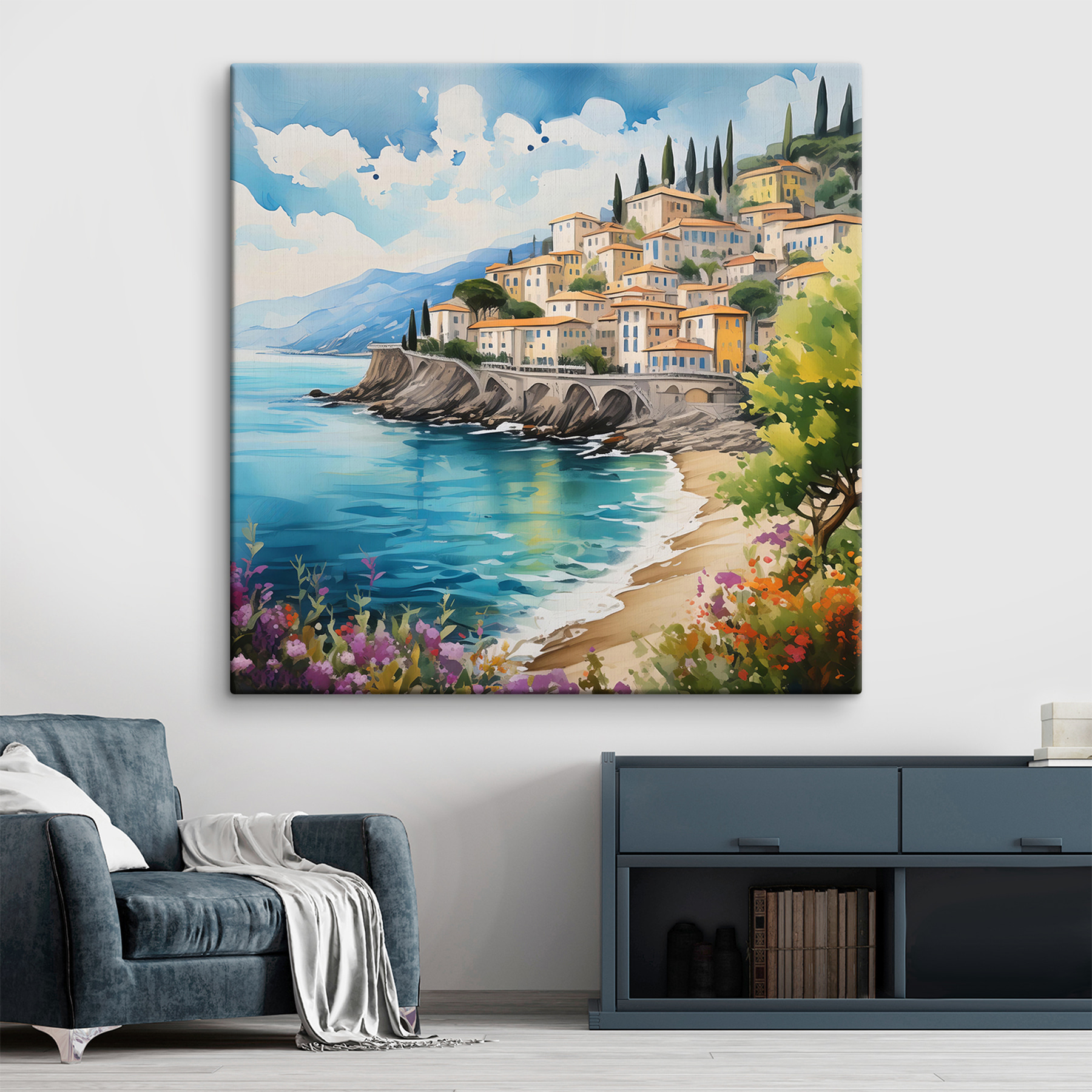 A painting of a town on a cliff by the water