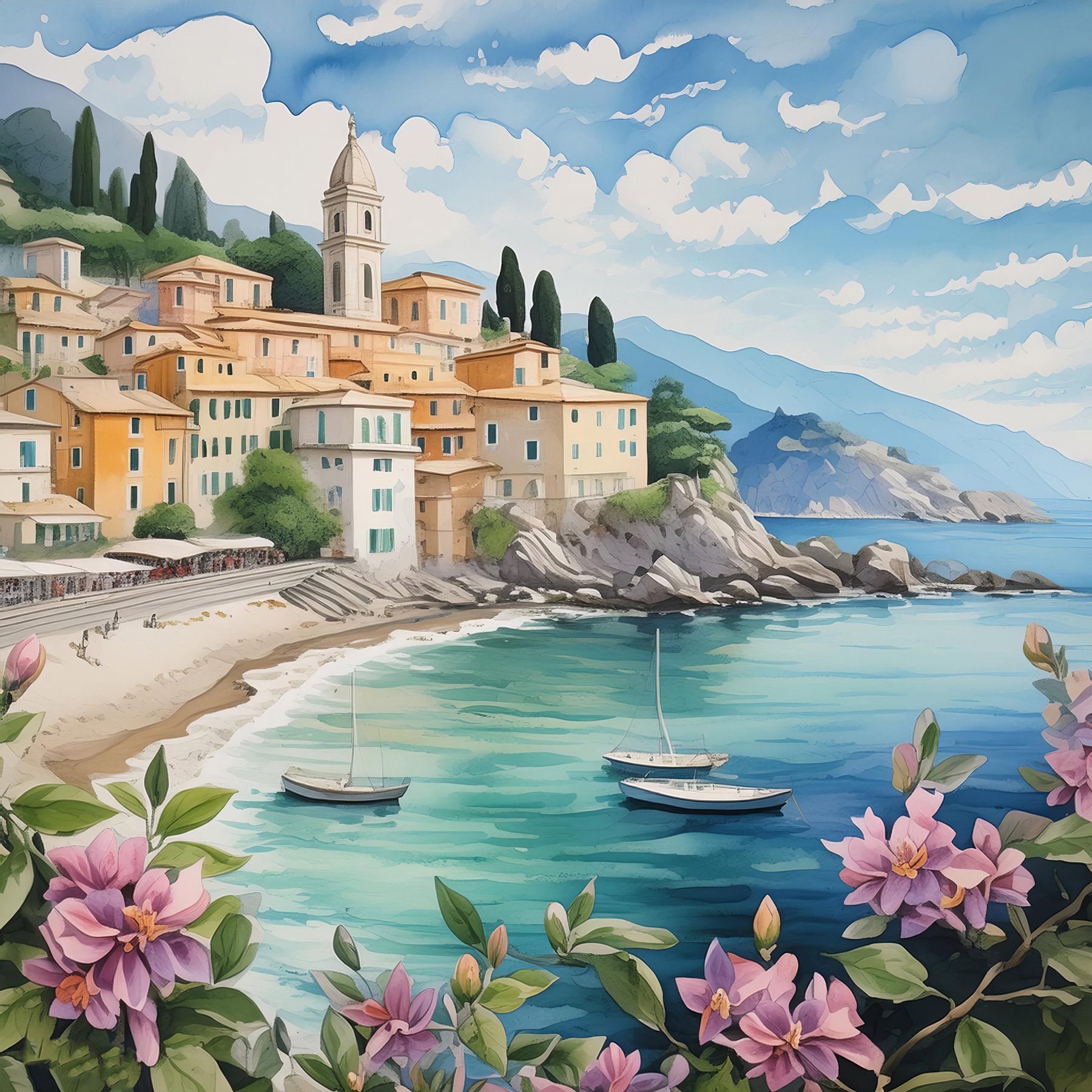 A painting of a town on a beach with boats and flowers