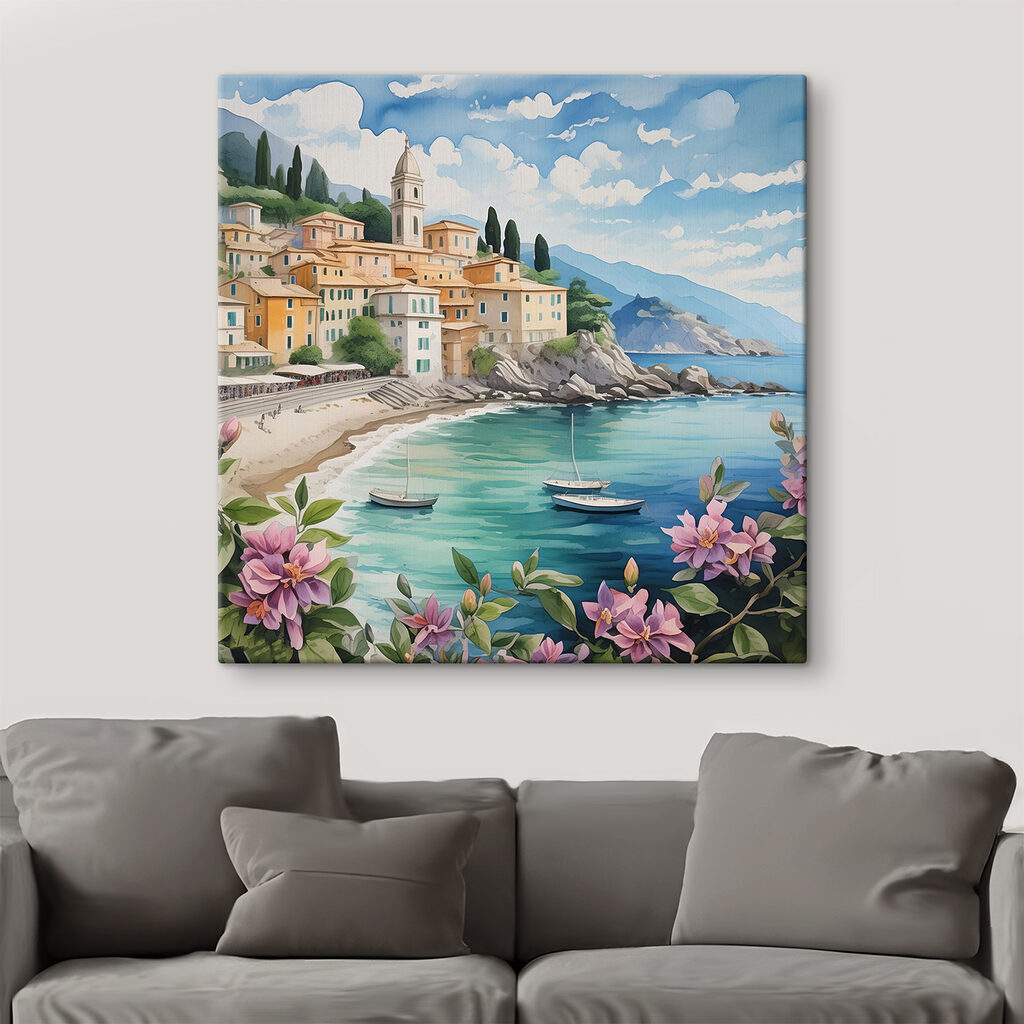 A painting of a town on a beach with boats and flowers
