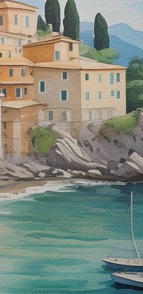A painting of a town on a beach with boats and flowers