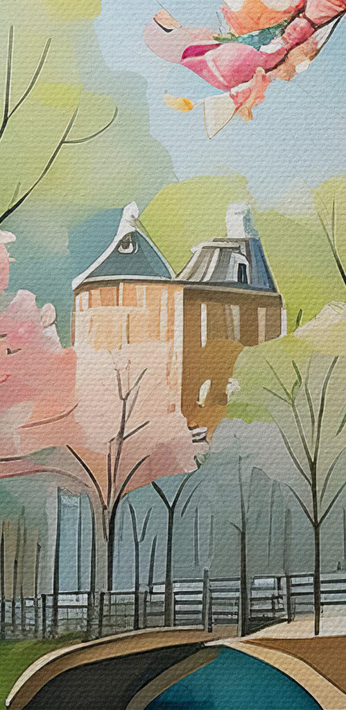 A painting of a river with boats and a bridge and trees