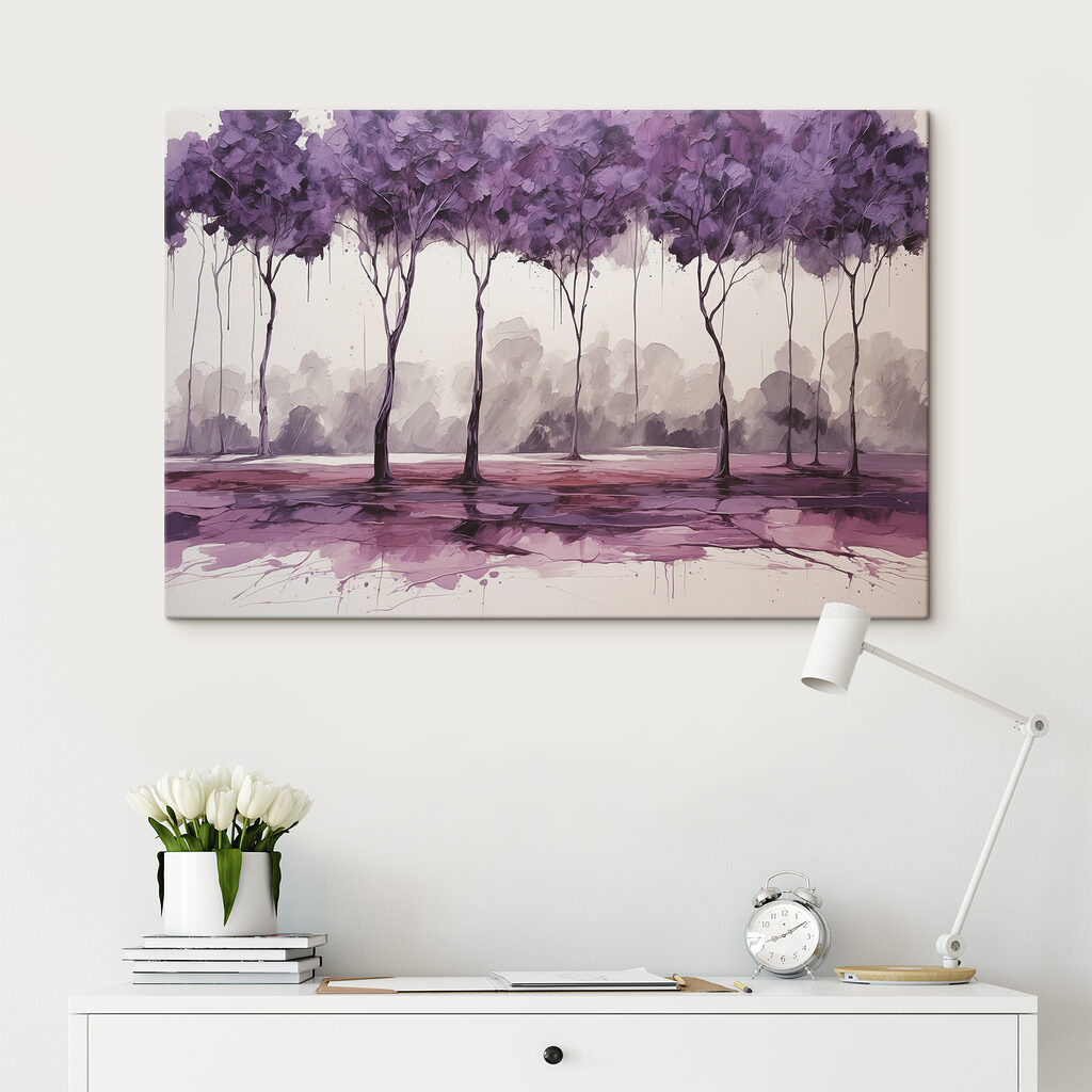 A painting of trees with purple leaves