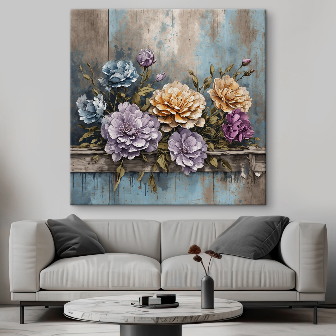 A painting of flowers on a wood ledge