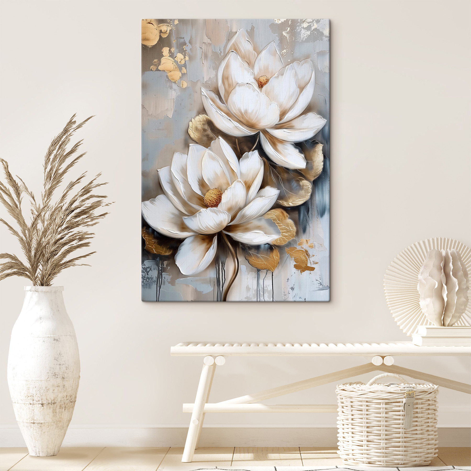A painting of flowers on a grey background A painting of flowers on a grey background