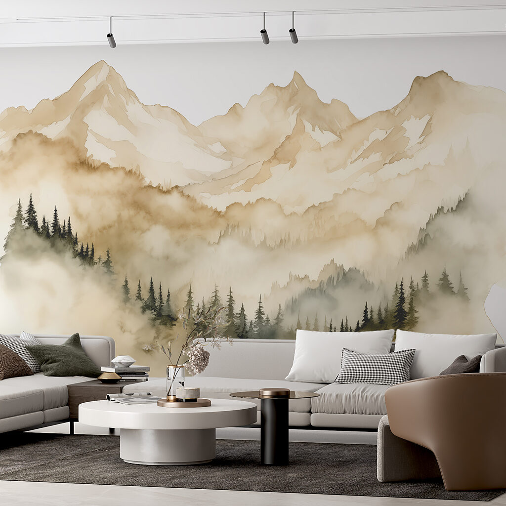 A mountain range with trees and clouds A mountain range with trees and clouds