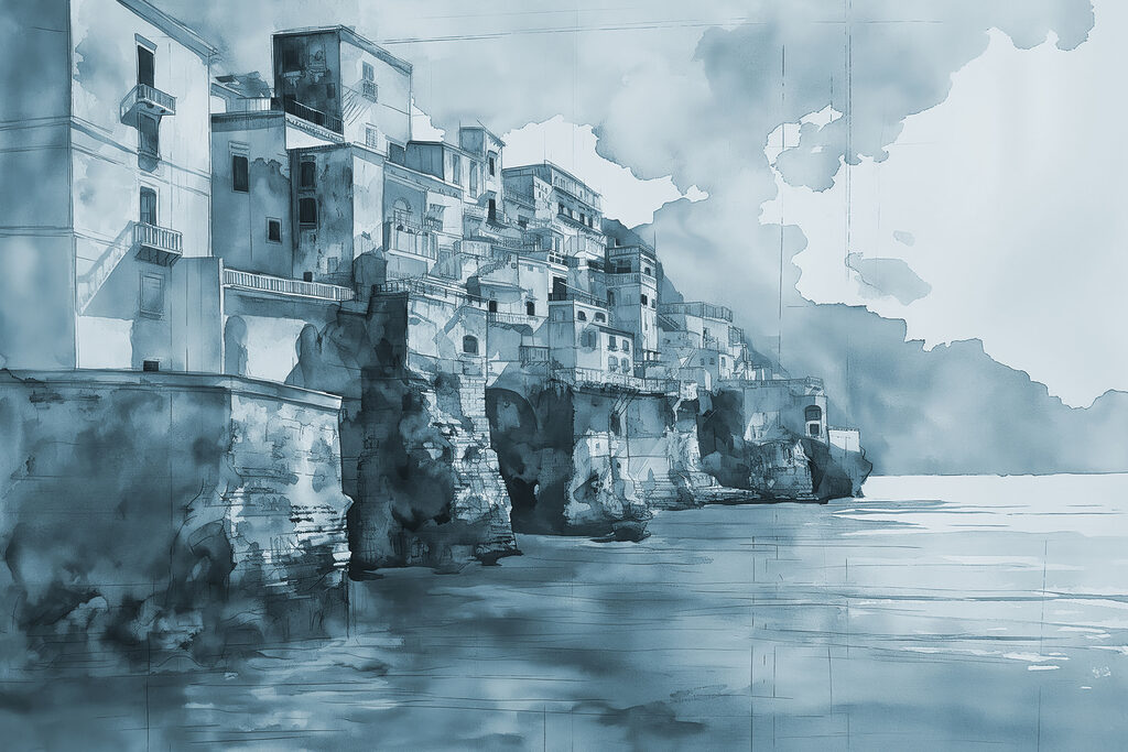 A watercolor of a city on a cliff