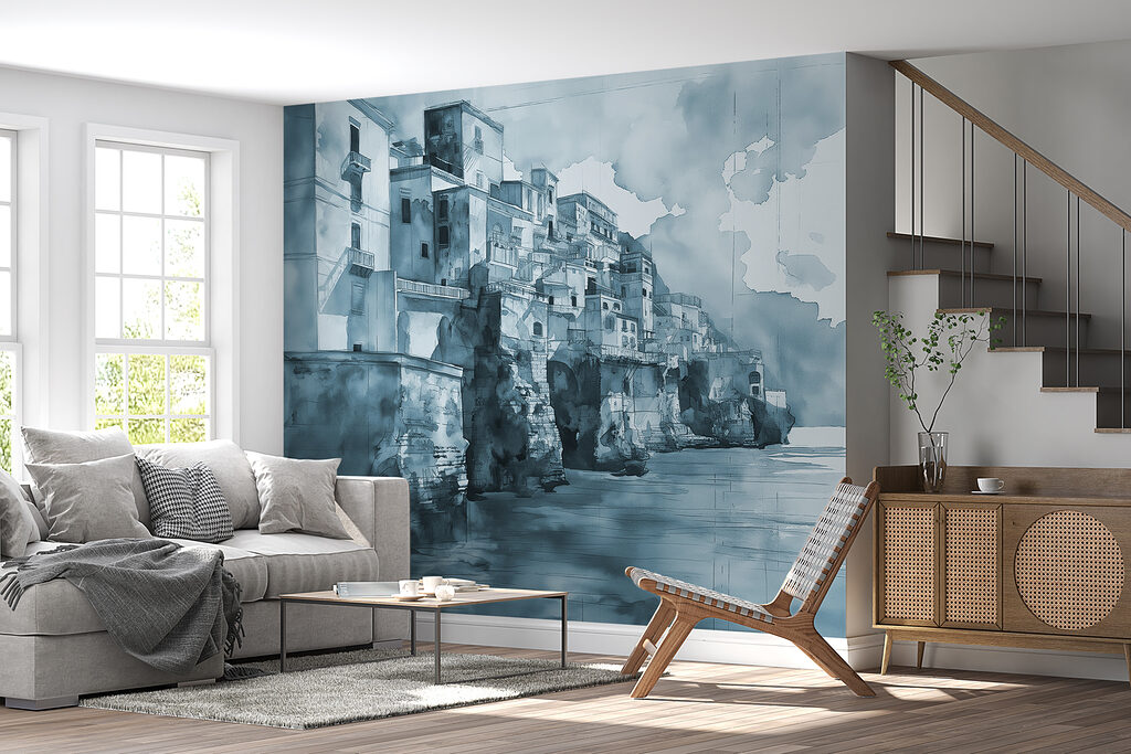 A watercolor of a city on a cliff