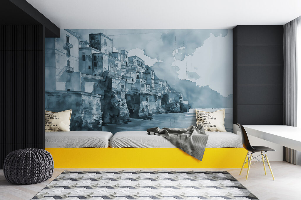 A watercolor of a city on a cliff