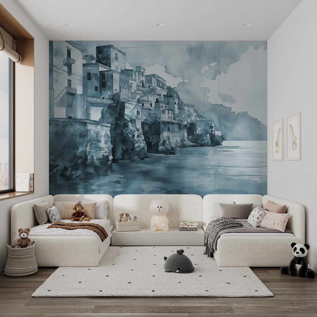 A watercolor of a city on a cliff