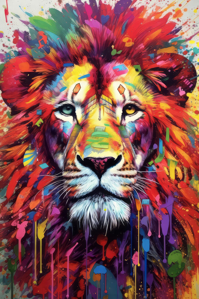 A colorful lion with white whiskers