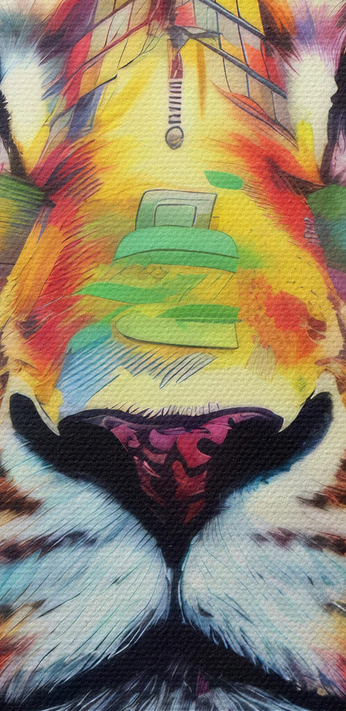 A colorful lion with white whiskers