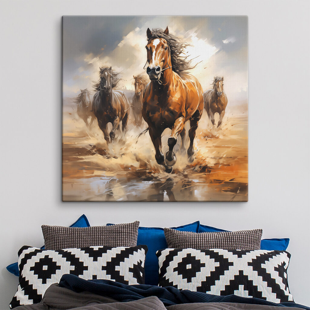 A group of horses running through water