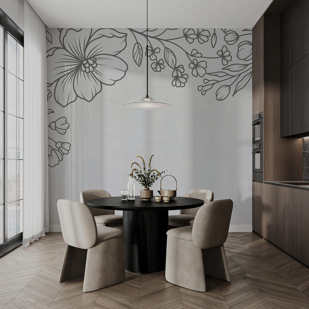 A white background with black and white flowers