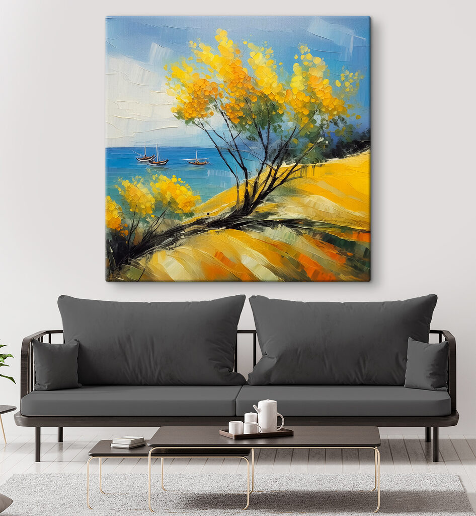 A painting of a yellow tree and boats in the water