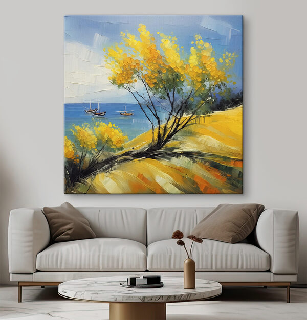 A painting of a yellow tree and boats in the water