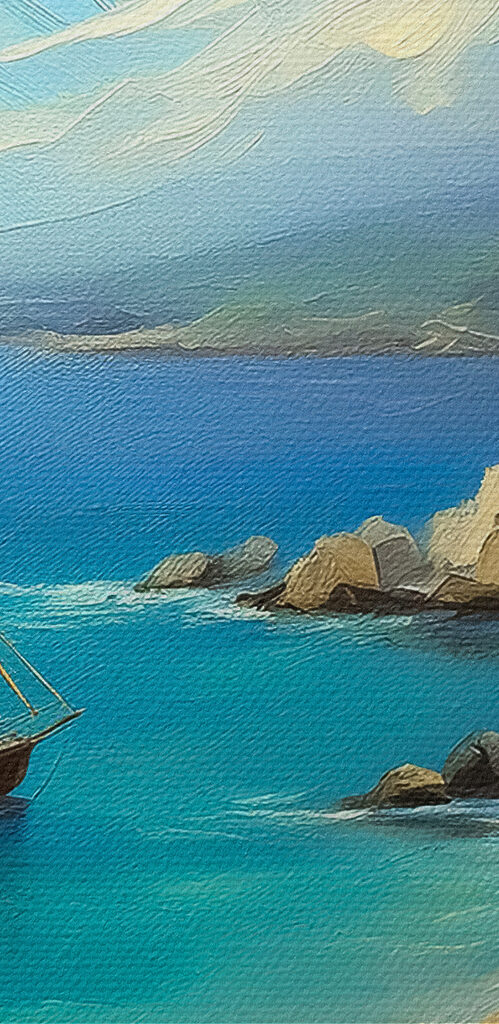 A painting of a boat in the water