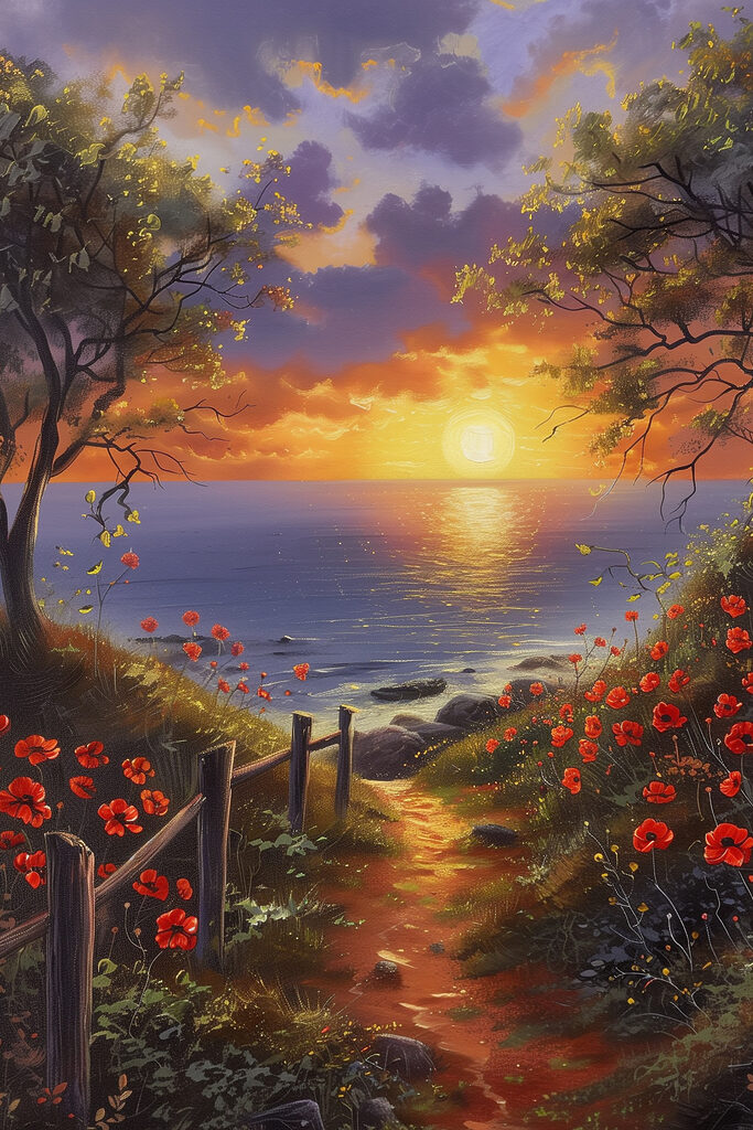 A painting of a path leading to a body of water with flowers