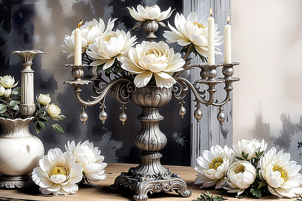 A silver candelabra with white flowers A silver candelabra with white flowers