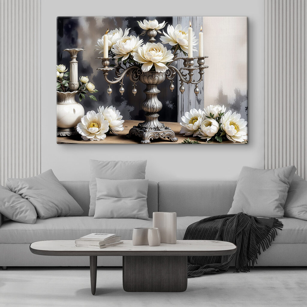 A silver candelabra with white flowers A silver candelabra with white flowers