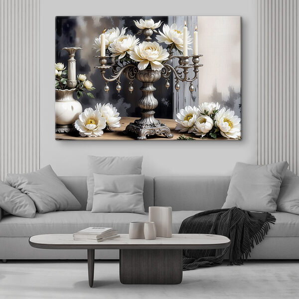 A silver candelabra with white flowers A silver candelabra with white flowers