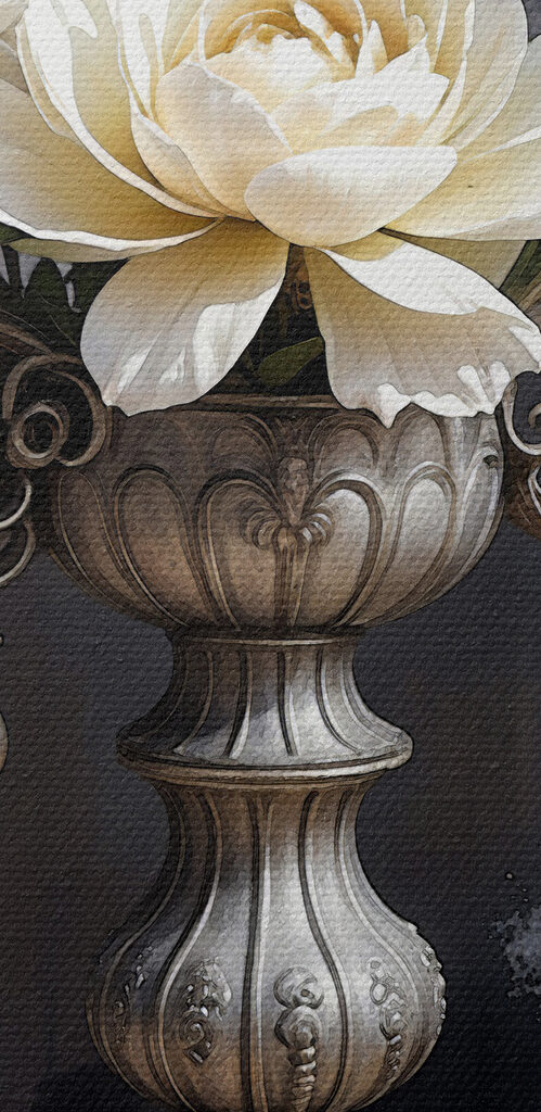 A silver candelabra with white flowers A silver candelabra with white flowers