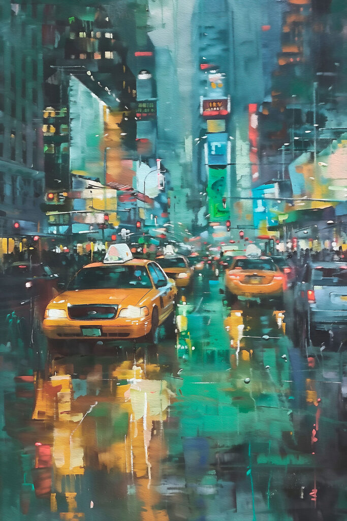 Yellow taxi cabs on a wet street Yellow taxi cabs on a wet street
