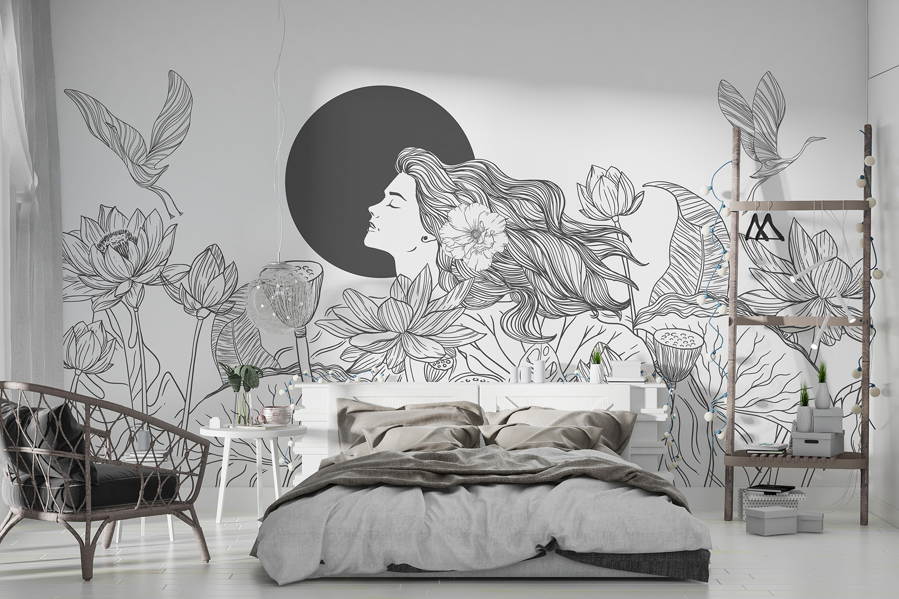 Woman with long hair and flowers