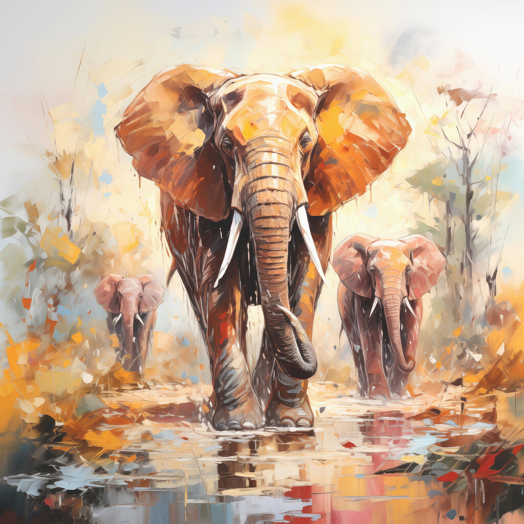 Group of elephants walking through water