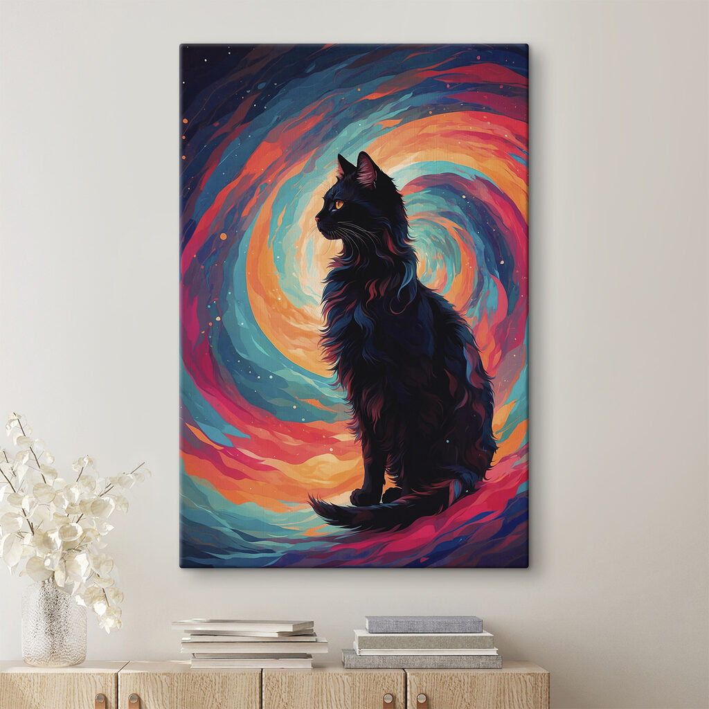 Cat sitting in front of a colorful swirl Cat sitting in front of a colorful swirl