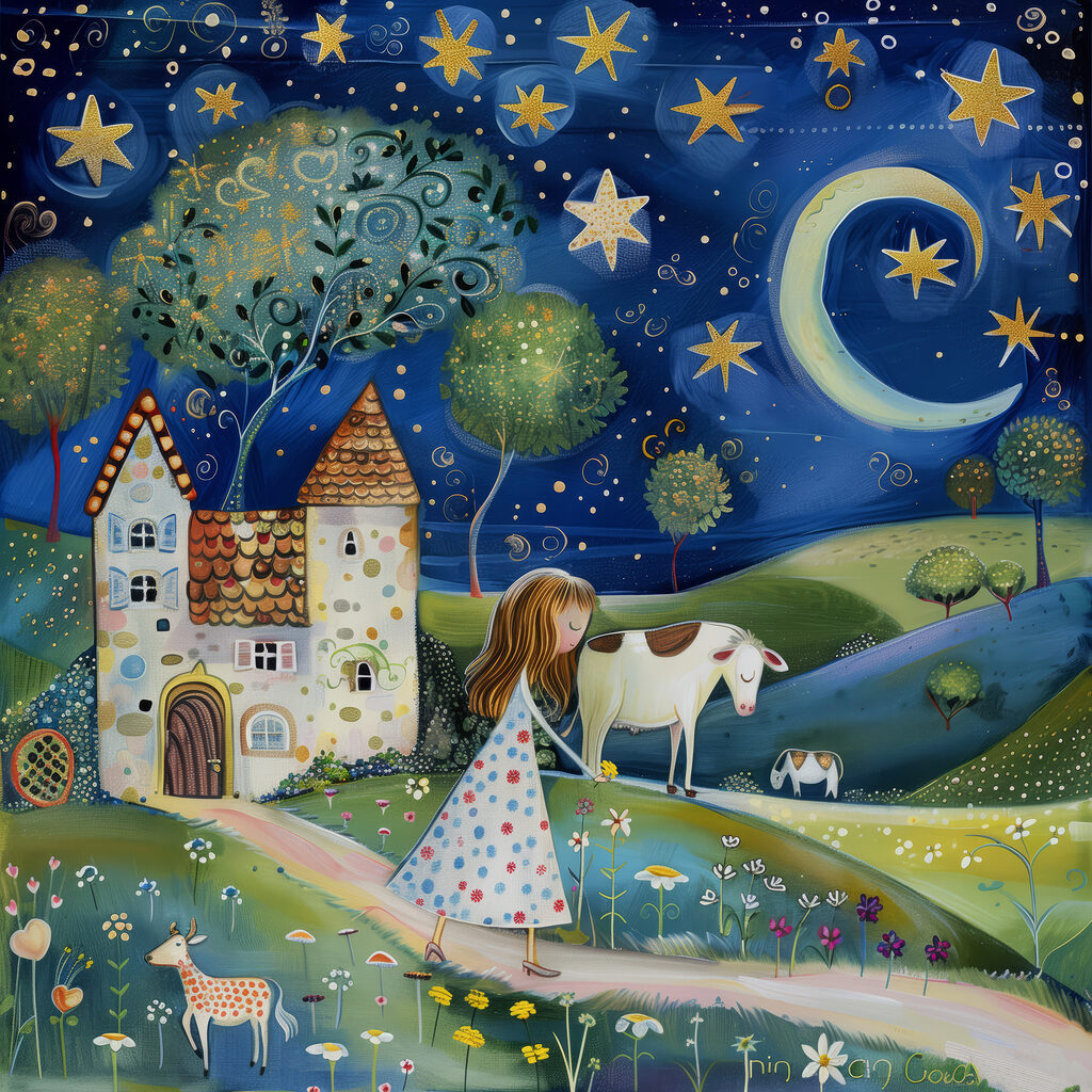Girl walking on a path with a cow and a house