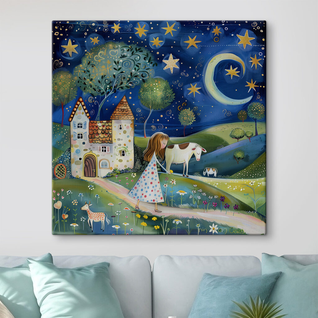 Girl walking on a path with a cow and a house