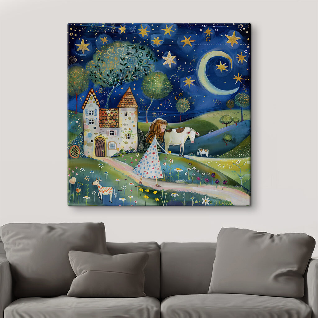 Girl walking on a path with a cow and a house