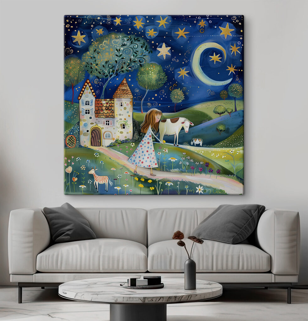 Girl walking on a path with a cow and a house