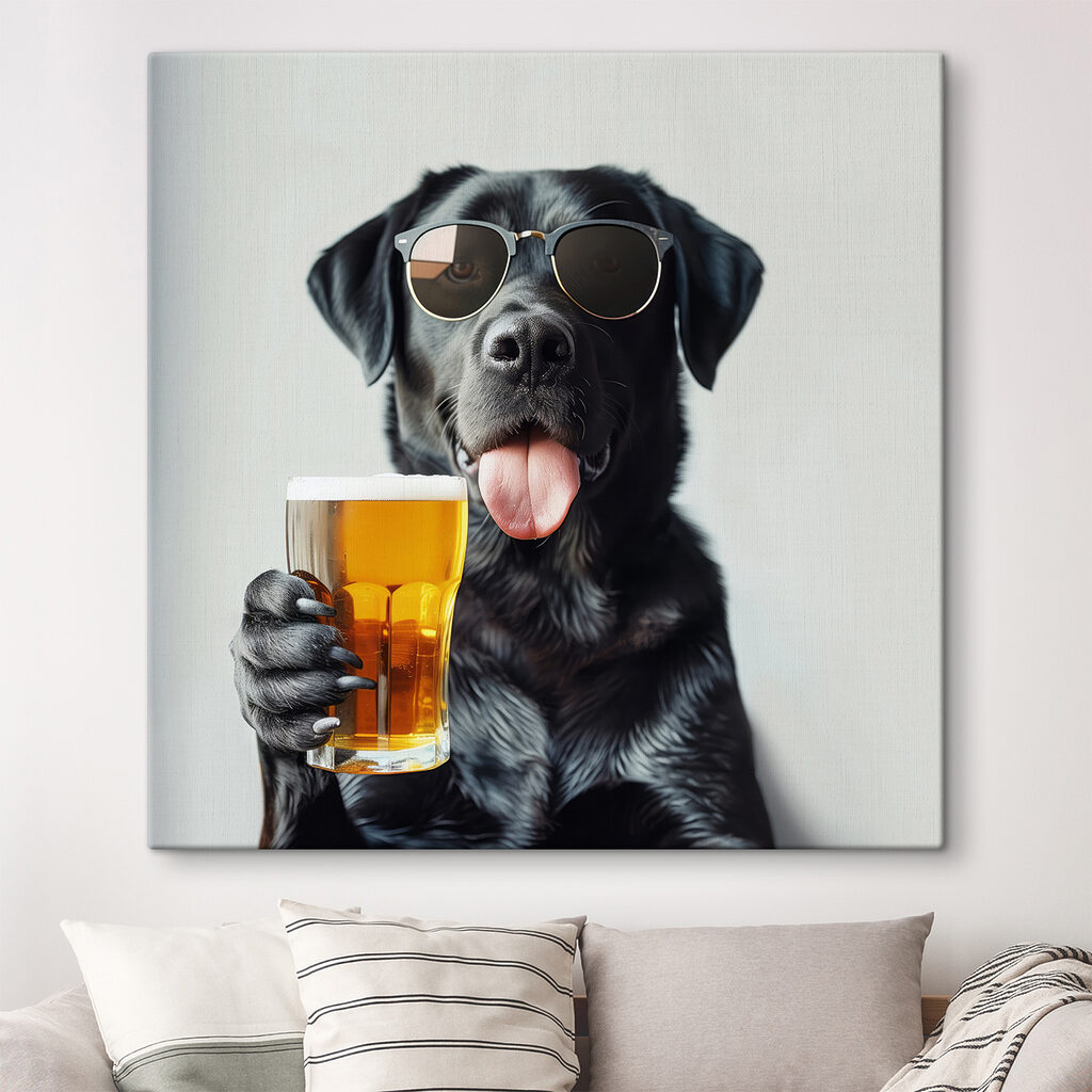 Dog wearing sunglasses and holding a glass of beer