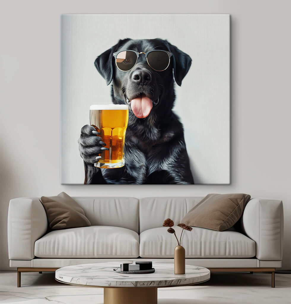 Dog wearing sunglasses and holding a glass of beer