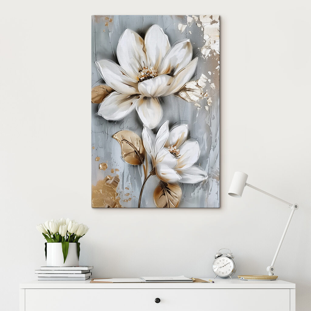 Painting of flowers on a grey surface